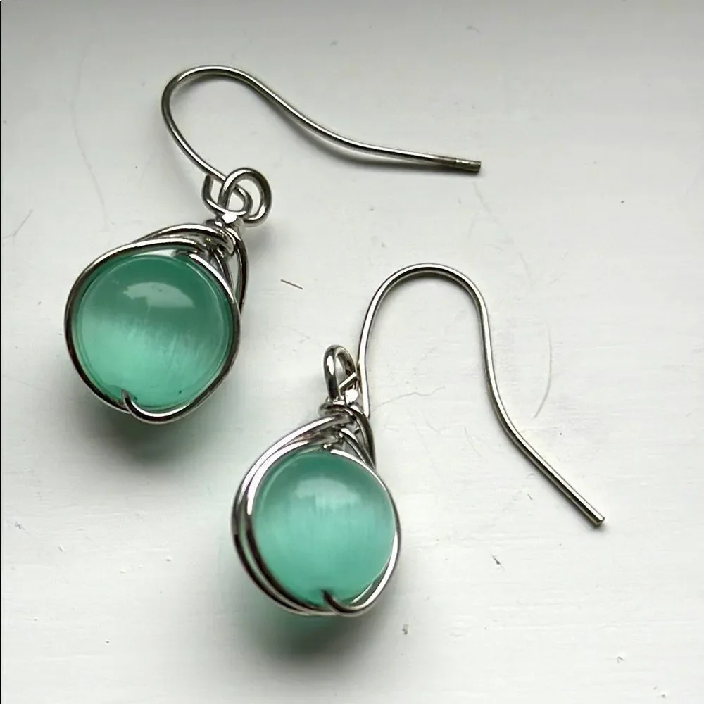 Seafoam Glass Orb Drop Earrings, Minimalist Wire Wrap with Keepsake Pouch
